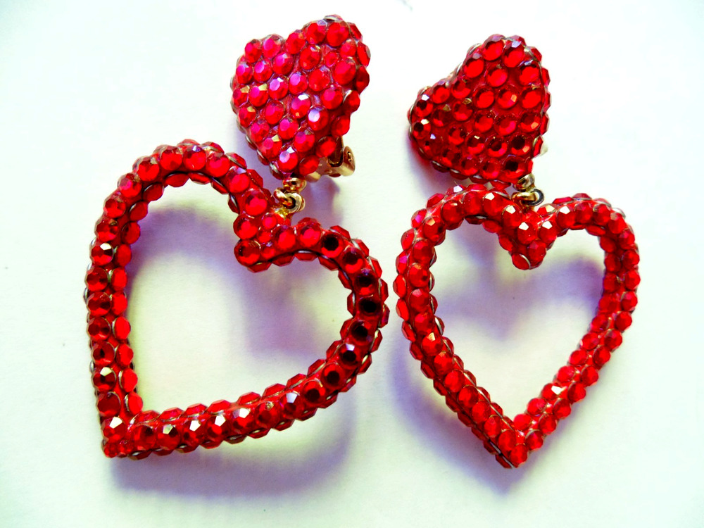 Vtg 80s RED Crystal Double HEART HOOP Clip Earrings Signed Richard Kerr